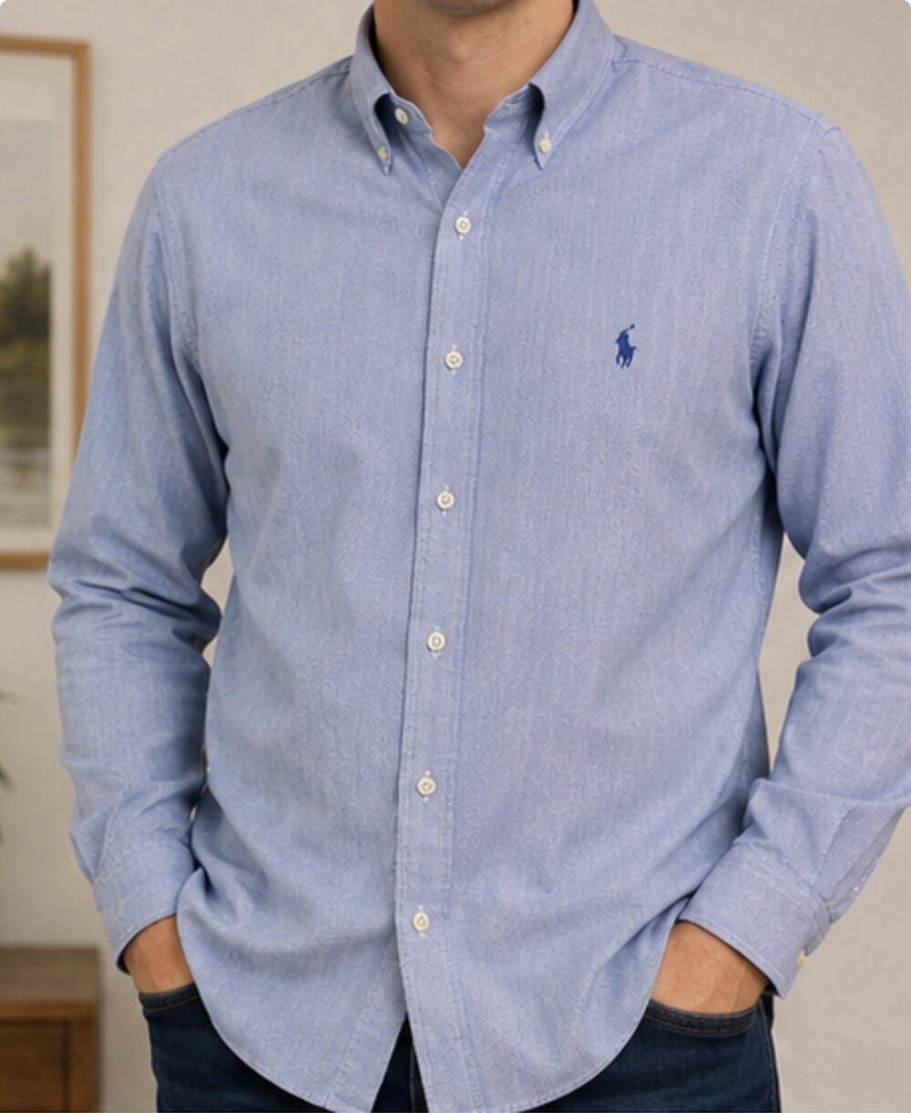Ralph Lauren Yarmouth Men’s 17.5 34/35 Blue Herringbone Dress Shirt Cotton